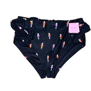 Kate Spade Parrot Flock Party Peplum High-Waist Swim Bottoms Black Small NWT